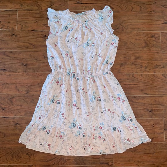 LOFT Dresses & Skirts - LOFT Pink Floral Ruffle Short Sleeve Midi Dress